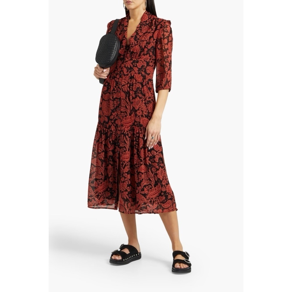 Ba&sh Aline Ruffle Trimmed Printed Georgette Midi Dress in Brique